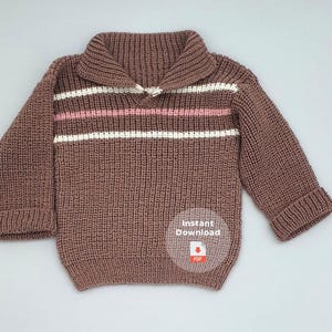 May include: A brown knitted sweater with a shawl collar and long sleeves. The sweater has white and pink horizontal stripes across the chest. The text "Instant Download" is visible on the lower right.