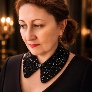 Black Sequin Collar | Statement Gothic Accessory | Crochet Neck Piece with Spider Charm