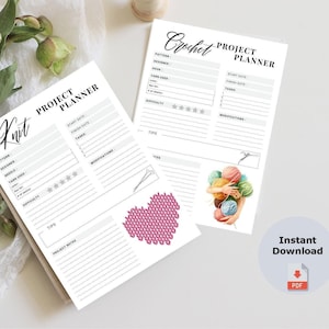 May include: Two white paper project planners for knit and crochet crafts. The knit planner features a pink heart graphic, while the crochet planner displays a colorful yarn ball illustration. Both include fields for pattern, designer, and dates.