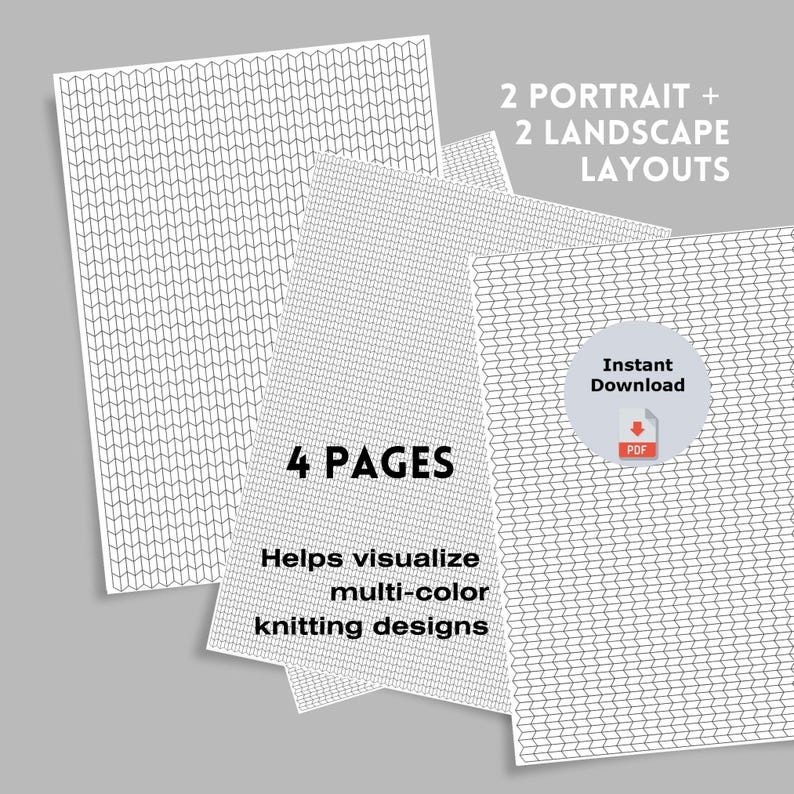 Puede incluir: Cuatro p&aacute;ginas blancas con un patr&oacute;n de tejido gris, dise&ntilde;adas para ayudar a visualizar dise&ntilde;os de tejido multicolor. Las p&aacute;ginas incluyen 2 dise&ntilde;os verticales y 2 horizontales. Tambi&eacute;n se ven las palabras "4 PAGES" y "Descarga instant&aacute;nea".