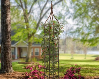 H Potter 8.75 Ft Tall Metal Garden Obelisk Trellis – Vertical Yard Art - Rose & Vine Support - Ground Stakes Included - Heavy Duty Iron