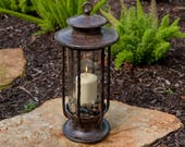 Large Decorative Hurricane Lantern, Glass Candle Holder, Cast Iron, Rustic, Indoor Outdoor Lighting, H Potter, Pool, Patio