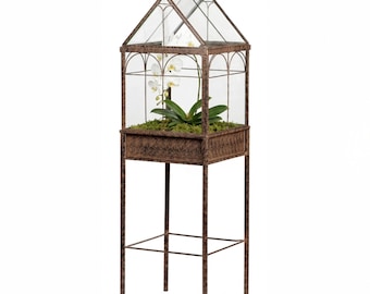 H Potter Large Wardian Case Terrarium on Stand – Glass Metal Indoor Greenhouse Display, Orchid Planter 14” Square x 49”H