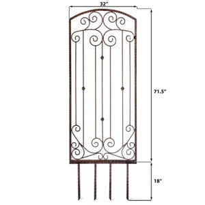 Pu&ograve; includere: Un traliccio da giardino in metallo marrone con una parte superiore ad arco con volute, barre verticali con piccoli accenti decorativi e quattro picchetti. Il traliccio misura 32 pollici di larghezza, 71,5 pollici di altezza e ha picchetti di 18 pollici.