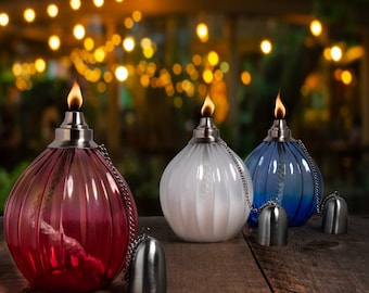 H Potter Torches - Set of 3 Glass - Red - White - Blue Tinted - Patio Deck Table Top - Outdoor Lighting - Balcony Decor - Holiday Gift