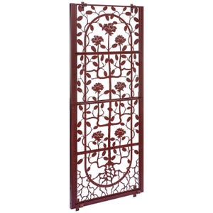 May include: A decorative metal room divider with a floral design. The divider is made of three panels that are connected by hinges. The panels are painted a deep red color and feature a cut-out design of a tree with flowers and leaves. The divider is a great way to add privacy and style to any room.
