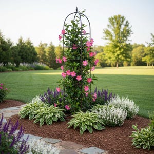 May include: A tall, black metal garden obelisk trellis supporting a climbing plant with vibrant pink flowers. The structure is surrounded by green hosta plants, purple salvia, and white flowering plants in a mulched garden bed.
