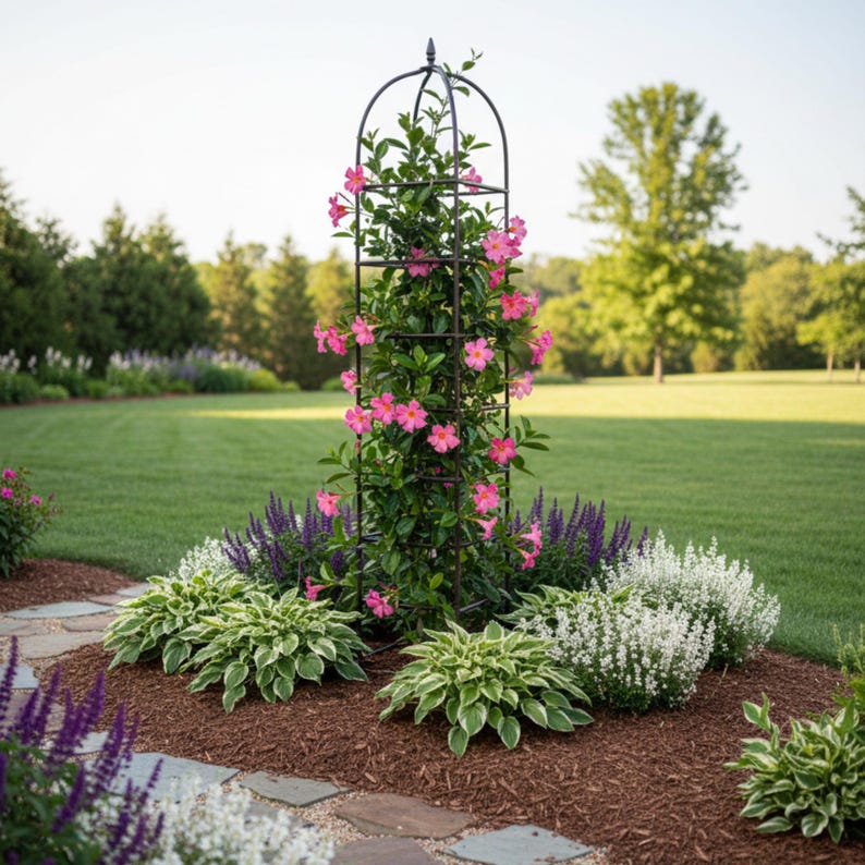 May include: A tall, black metal garden obelisk trellis supporting a climbing plant with vibrant pink flowers. The structure is surrounded by green hosta plants, purple salvia, and white flowering plants in a mulched garden bed.