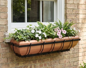 H Potter 36" Copper Window Box Planter, Metal Brackets and Iron Frame Included, Outdoor Decor, Hanging Flower Box