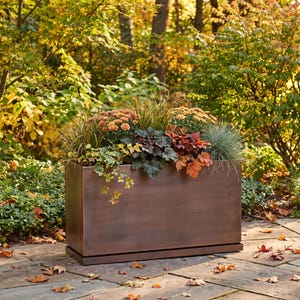 May include: A rectangular, metallic bronze-colored planter box with a matching base tray. The planter is filled with a variety of plants, including orange chrysanthemums, green ornamental grasses, dark purple foliage, and trailing ivy vines.