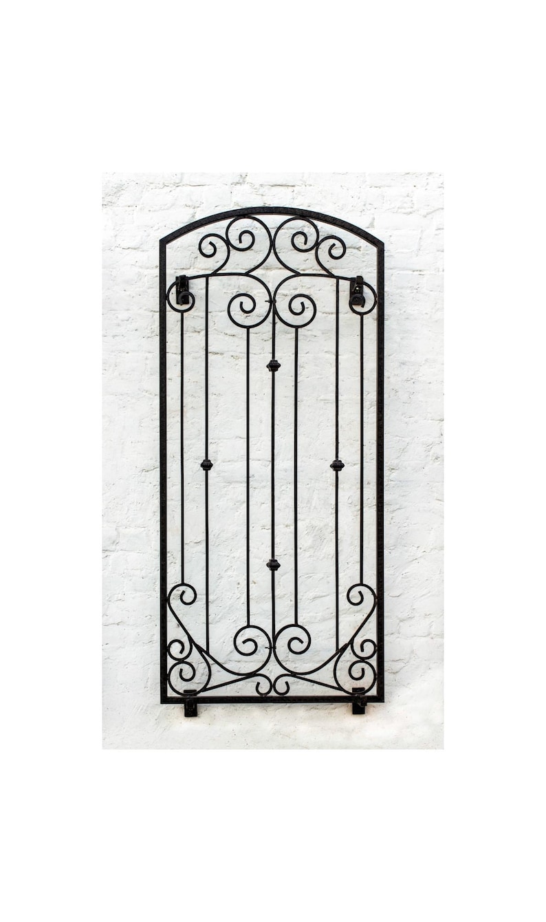 Pu&ograve; includere: Un cancello rettangolare in metallo nero con parte superiore ad arco, caratterizzato da barre verticali, volute decorative in alto e in basso e piccoli accenti sferici lungo le barre verticali centrali. Il cancello presenta una struttura robusta.
