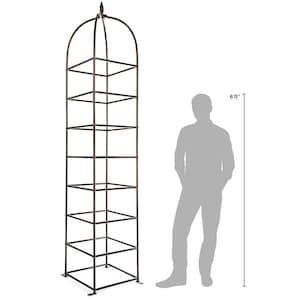 May include: A tall, dark brown metal garden obelisk trellis with a square base and a pointed finial top. The structure features a grid of horizontal bars and vertical supports. A scale reference indicates a height of 6'0" next to the object.
