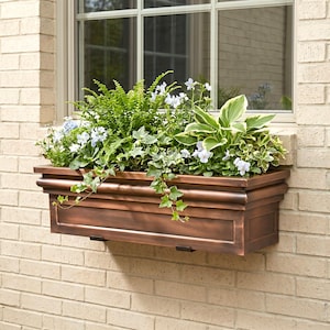 May include: A rectangular window box planter with a metallic bronze finish and molded edges. The planter is filled with a variety of green ferns, variegated hosta leaves, trailing ivy, and small light blue flowers, mounted against a brick wall.