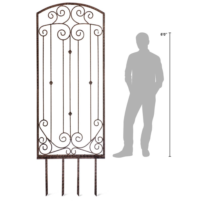 Pu&ograve; includere: Un alto traliccio da giardino rettangolare in metallo marrone con parte superiore ad arco, volute decorative e barre verticali con piccoli accenti circolari. La struttura include quattro picchetti appuntiti ed &egrave; alta 183 cm.