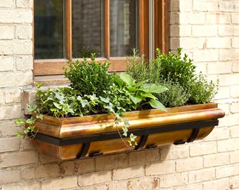 H Potter 36" Window Box Planter - Large Outdoor Metal Flower Planter with Iron Brackets & Rustic Copper Finish