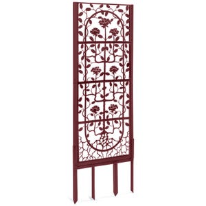 May include: A burgundy metal garden trellis with a decorative design of a tree with flowers and leaves. The trellis has three stakes at the bottom for easy installation.