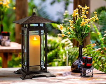 H Potter Lantern - Cast Iron & Glass - Large Tall Decorative Hurricane - Indoor Outdoor Lighting - Pool Patio Deck Backyard Landscaping Idea