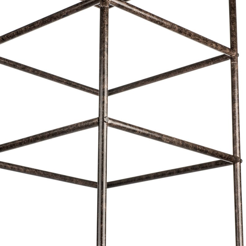 May include: A tall, rectangular metal plant trellis featuring a dark, weathered bronze finish with a textured, mottled surface. The structure is composed of thin, cylindrical metal rods arranged in a grid pattern with horizontal and vertical bars.