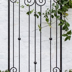 Pu&ograve; includere: Un alto traliccio da giardino rettangolare in metallo nero con una parte superiore ad arco, barre verticali e decorazioni a volute. La struttura presenta piccoli dettagli sferici testurizzati lungo le aste e staffe di montaggio.