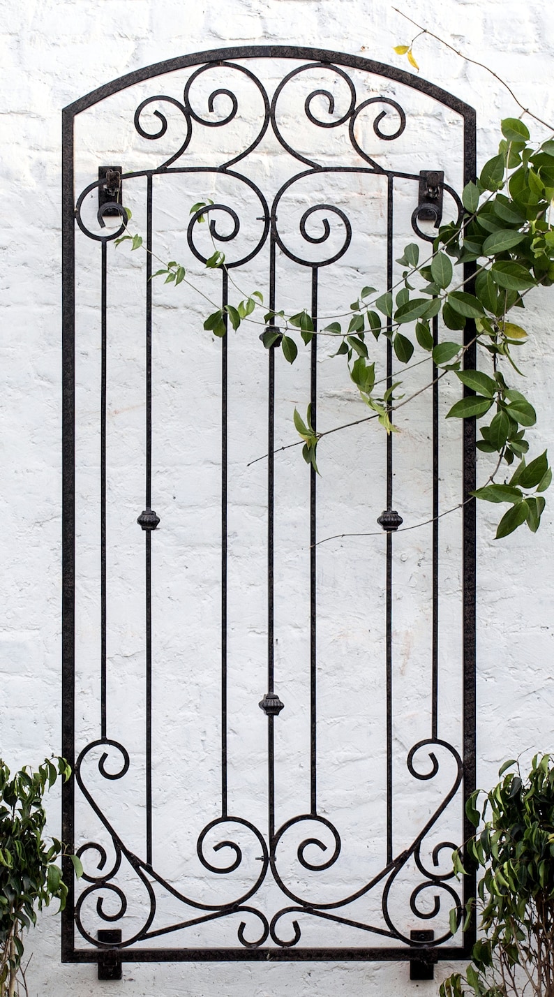 Pu&ograve; includere: Un alto traliccio da giardino rettangolare in metallo nero con una parte superiore ad arco, barre verticali e decorazioni a volute. La struttura presenta piccoli dettagli sferici testurizzati lungo le aste e staffe di montaggio.