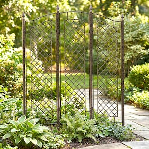 May include: A decorative, bronze-colored metal garden trellis with a diamond lattice design. The trellis has three panels and is topped with decorative finials. Lush green plants and foliage surround the trellis, creating a natural backdrop.