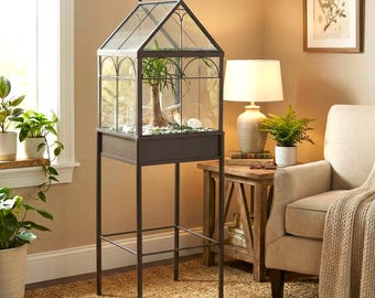 H Potter Large Wardian Case Terrarium on Stand – Glass Metal Indoor Greenhouse Display, Orchid Planter 14” Square x 49”H