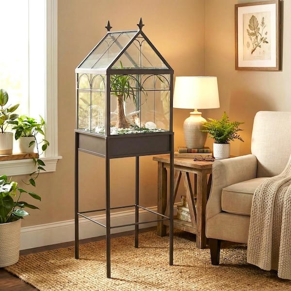 H Potter Large Wardian Case Terrarium on Stand – Glass Metal Indoor Greenhouse Display, Orchid Planter 14” Square x 49”H