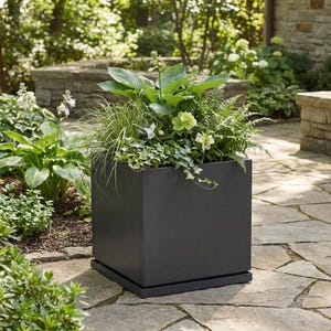 May include: A square, black planter box filled with a variety of green plants and flowers. The planter sits on a matching black base, and is placed on a stone patio. The plants include large-leafed hostas, ferns, and flowering plants.