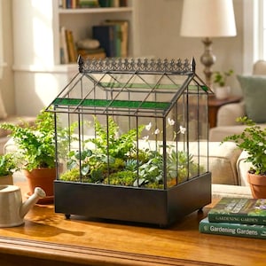 H Potter Glass Terrarium Wardian Case – Hinged Roof, Green Stained Glass, Metal Base with Liner, 10.5” Cube Style Display Greenhouse