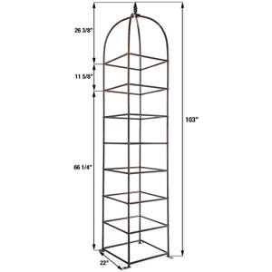 May include: A tall, dark brown metal garden obelisk trellis with a square base and a rounded top featuring a finial. The structure has multiple horizontal tiers and includes dimension labels: 26 3/8 inches, 11 5/8 inches, 66 1/4 inches, 103 inches, and 22 inches.