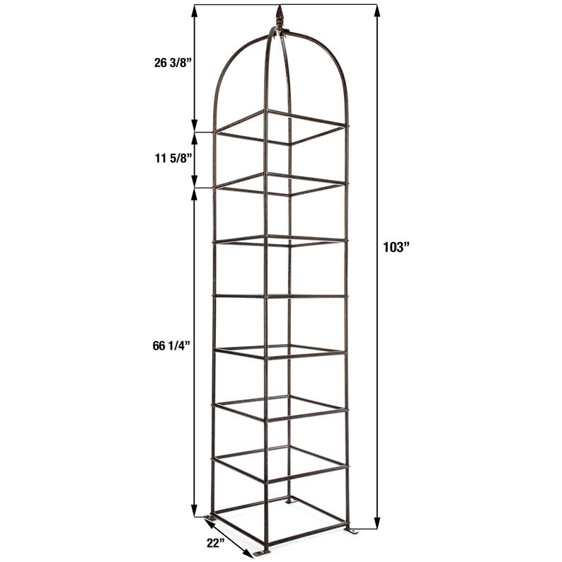 May include: A tall, dark brown metal garden obelisk trellis with a square base and a rounded top featuring a finial. The structure has multiple horizontal tiers and includes dimension labels: 26 3/8 inches, 11 5/8 inches, 66 1/4 inches, 103 inches, and 22 inches.