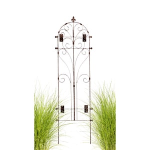 May include: A black metal garden trellis with a decorative arched top and scrollwork design. The trellis is standing in front of two clumps of green grass.
