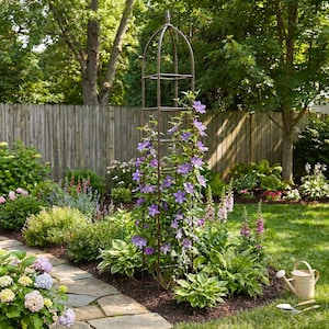 May include: A metal garden obelisk with climbing purple flowers stands in a lush garden. The obelisk is a dark brown color and has an arched top. The garden features a stone pathway, a wooden fence, and various green plants and flowers.