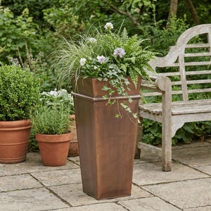 H Potter Metal Planter | 33"Tall Large Indoor Outdoor Patio Deck Garden Flower Plant Container | Antique Copper Finish | Entryway Front Door