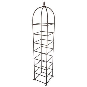 May include: A tall, dark brown metal garden obelisk featuring a square-based frame with multiple horizontal tiers. The structure is topped with a pointed finial and arched supports, creating a vertical grid design for climbing plants.