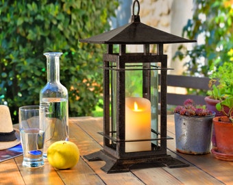 H Potter Lantern Outdoor Candle Holder Cast Iron Glass Tall Decorative Hurricane Indoor Lighting Pool Patio Deck Table Decor Gift