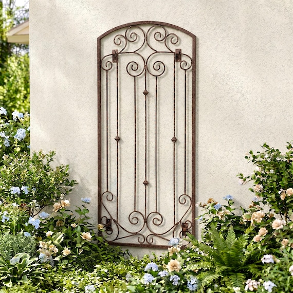 H Potter 6 ft Iron Garden Trellis – Wall-Mounted Trellis for Climbing Plants, Clematis, Roses, Adjustable Brackets – Outdoor Metal Decor