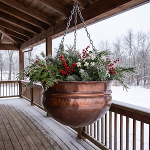 May include: A large, round, hammered copper hanging planter suspended by a metal chain. The bowl is filled with a festive arrangement of green pine branches, bright red berries, and white berries, creating a seasonal display.