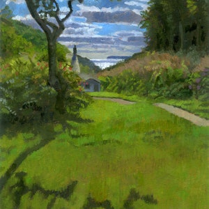 Dipinto ad olio originale del mare della Cornovaglia, Polkerris, vista Polkerris, paesaggio, giardino della Cornovaglia, paesaggio della Cornovaglia, pittura ad olio originale