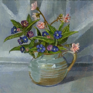 Original oil painting of forget-me-nots in small blue pottery jug, flower painting, forget-me-nots, forget-me-not oil painting, fine art