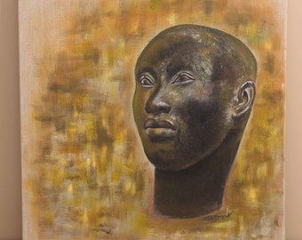 Contemporary Art - Oil on Canvas "reproduction of a bronze Head of Benin Ifé"