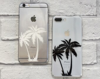 Phone case, cover with silhouette tropical palm tree design for iPhone and Samsung Clear, Hard, Protective TPU 7, 8 Plus, XR, 11, 12, 13 Pro