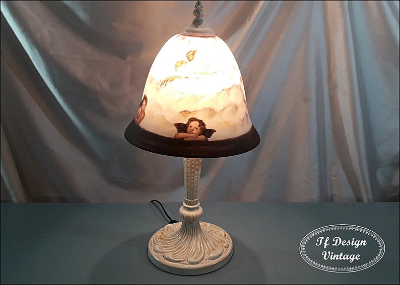 Table Lamp Vintage White Hand Painted Shade With Glass Angels Vitage