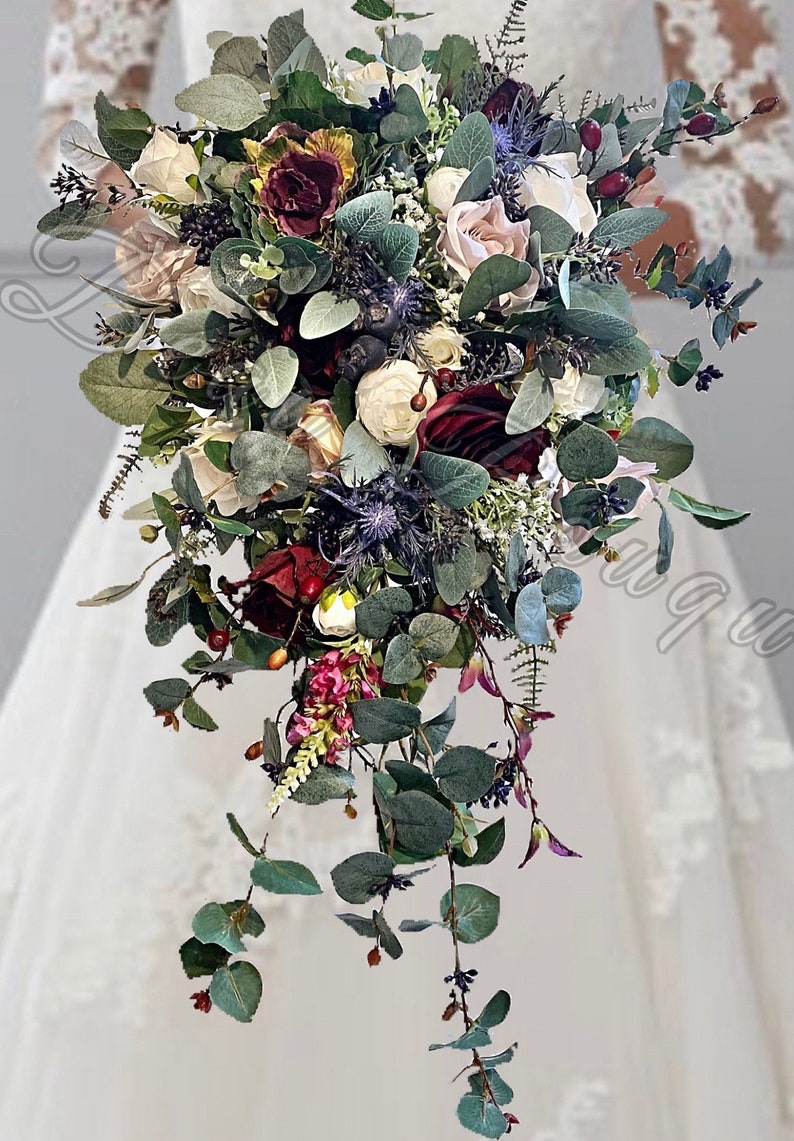 Scottish Rustic Rose Thistle Eucalyptus Cascading Bride Bouquet Blue Burgundy Cream Artificial