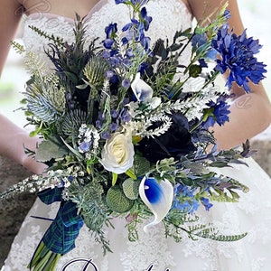 Scottish artificial bouquet ivory  calla lily rose bride bridal bouquet,Wedding thistle bouquet navy, blue faux flower bouquet bridesmaid...