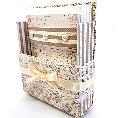 42-Pc Stationery Gift Box Set w/Reusable Desktop Organizer Box and Gold Pen - Vintage Letters & Ivory Lace