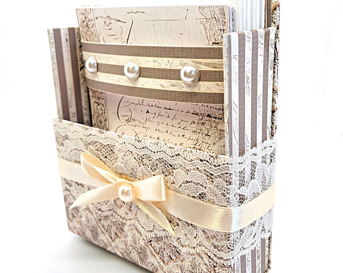 42-Pc Stationery Gift Box Set w/Reusable Desktop Organizer Box and Gold Pen - Vintage Letters & Ivory Lace