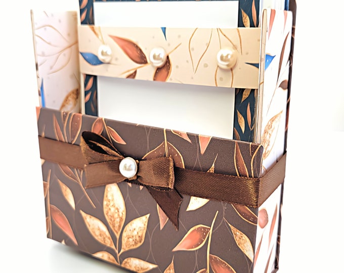 42-Pc Stationery Gift Box Set w/Reusable Desktop Organizer Box and Gold Pen - Blue, Brown & Gold Leaves