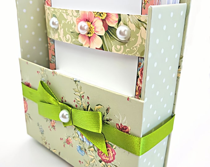 42-Pc Stationery Gift Box Set w/Reusable Desktop Organizer Box and Gold Pen - Coral Pink & Sage Green Floral