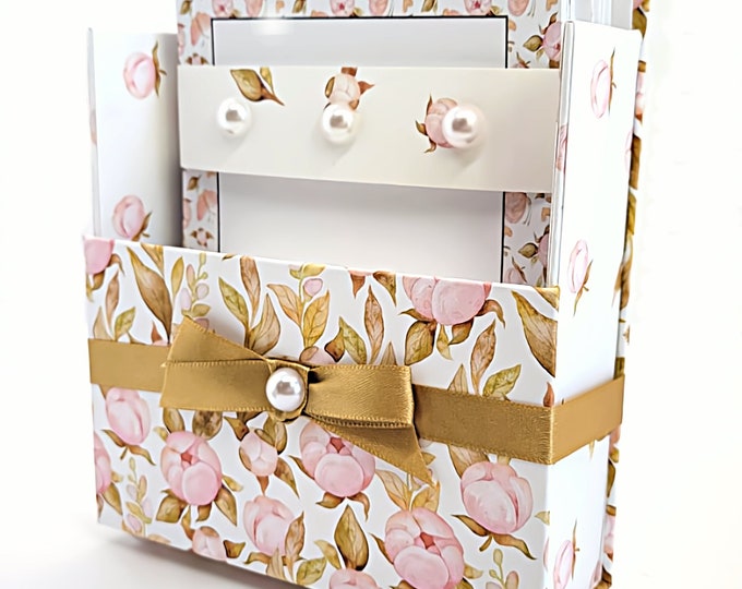 42-Pc Stationery Gift Box Set w/Reusable Desktop Organizer Box and Gold Pen - Pink Magnolias